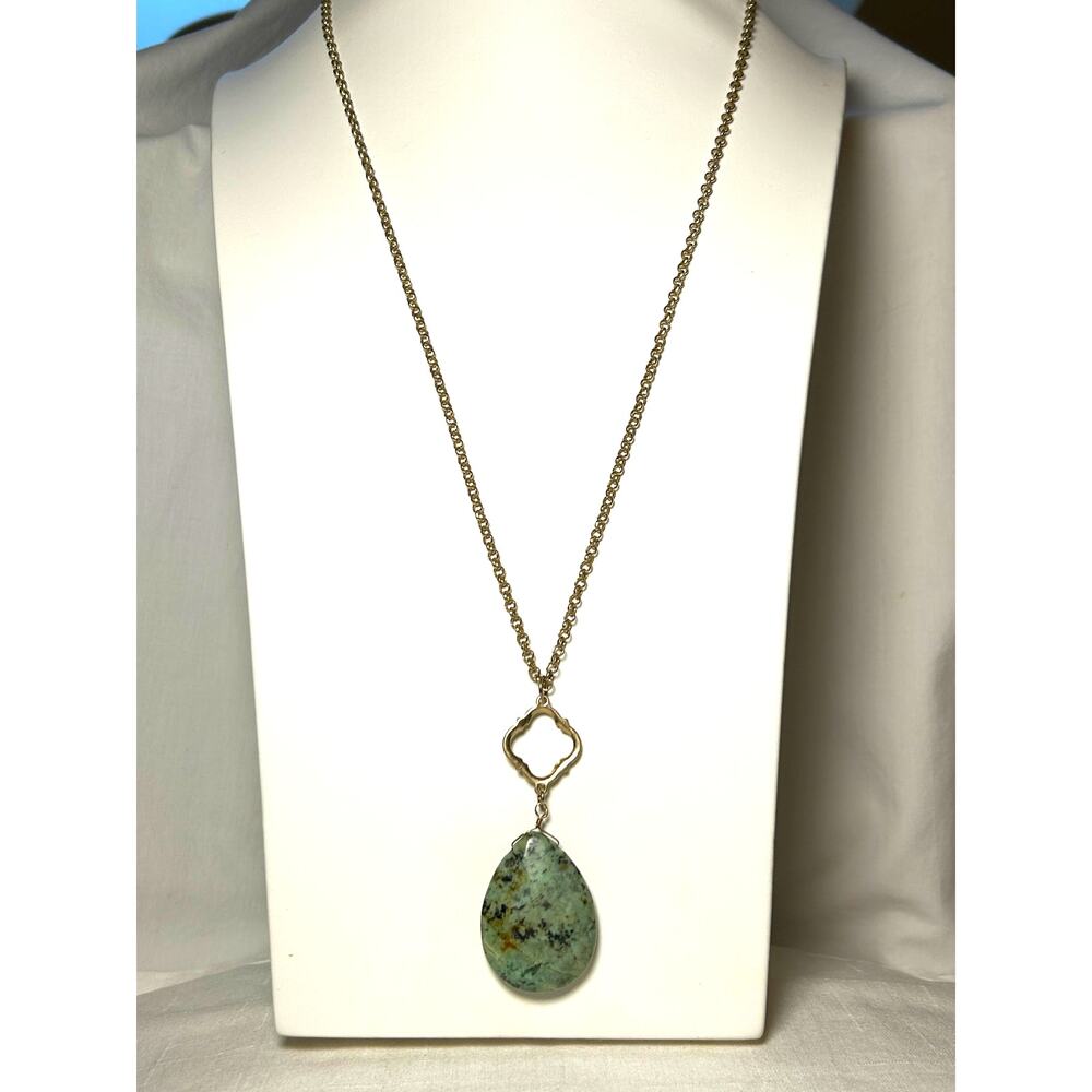 Jasper Pear Shaped Pendant Long Gold Tone Chain 30-32 inches Polished Adjustable
